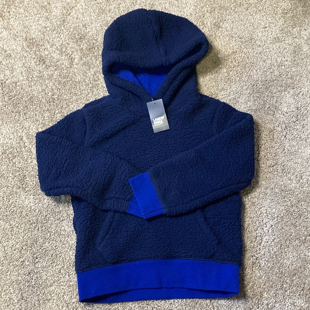 Lands' End Blue Fleece Pullover Hoodie Kangaroo Pocket NWT Boys Size 4/5, 6/7